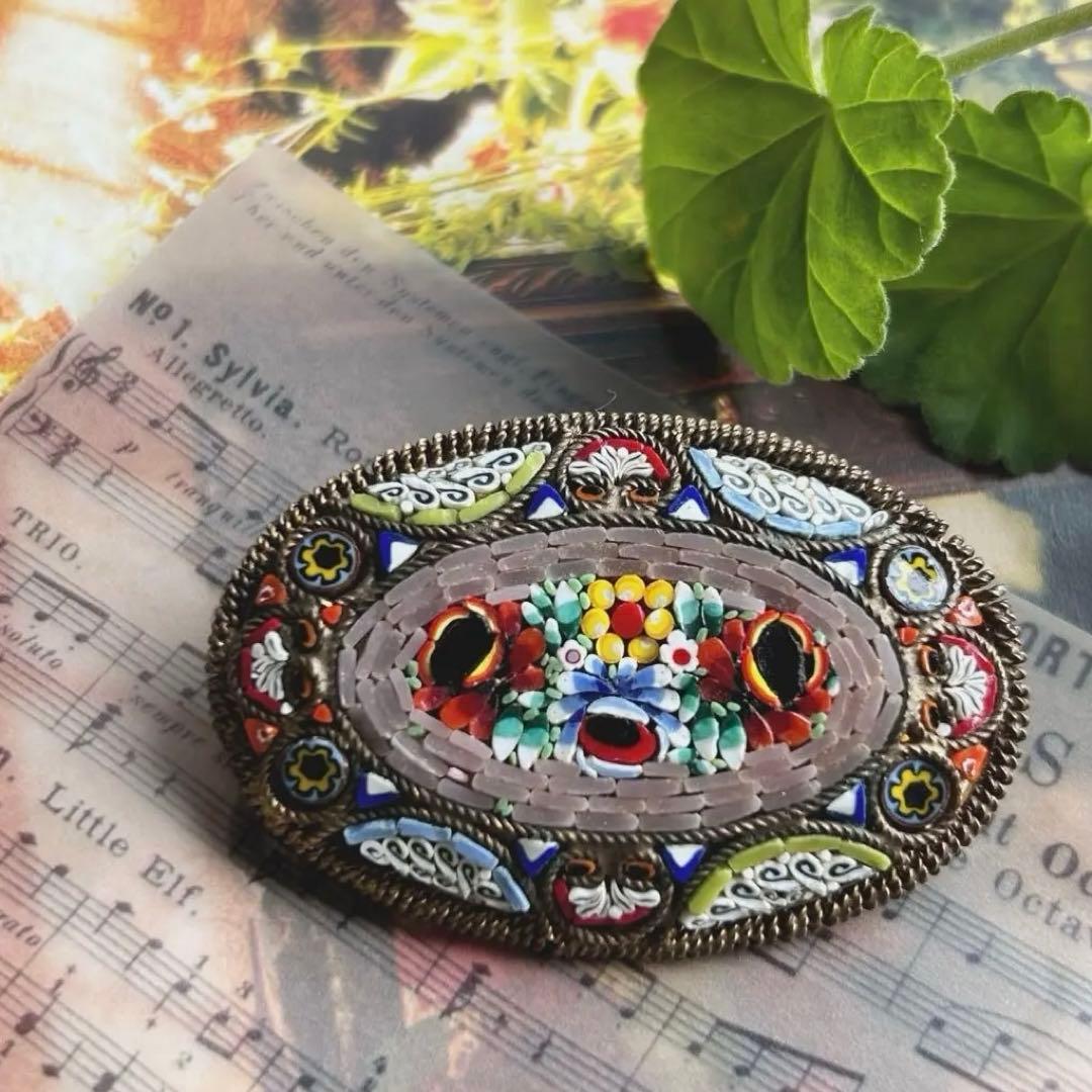 最終価格✤ITALY【大きなマイクロモザイク】美しいヴィンテージブローチ