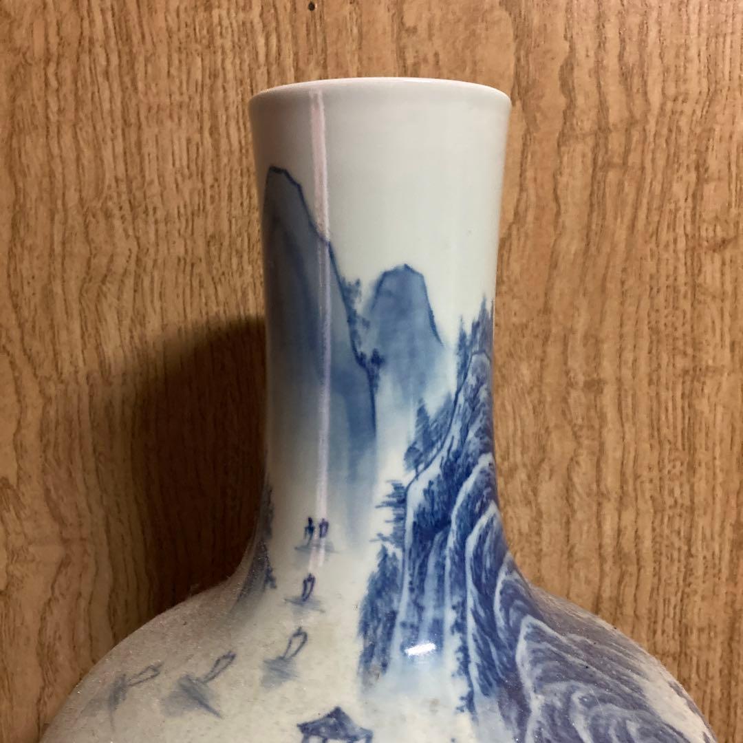 中国　染付　瓶　天球瓶　山水図　大清乾隆年製銘