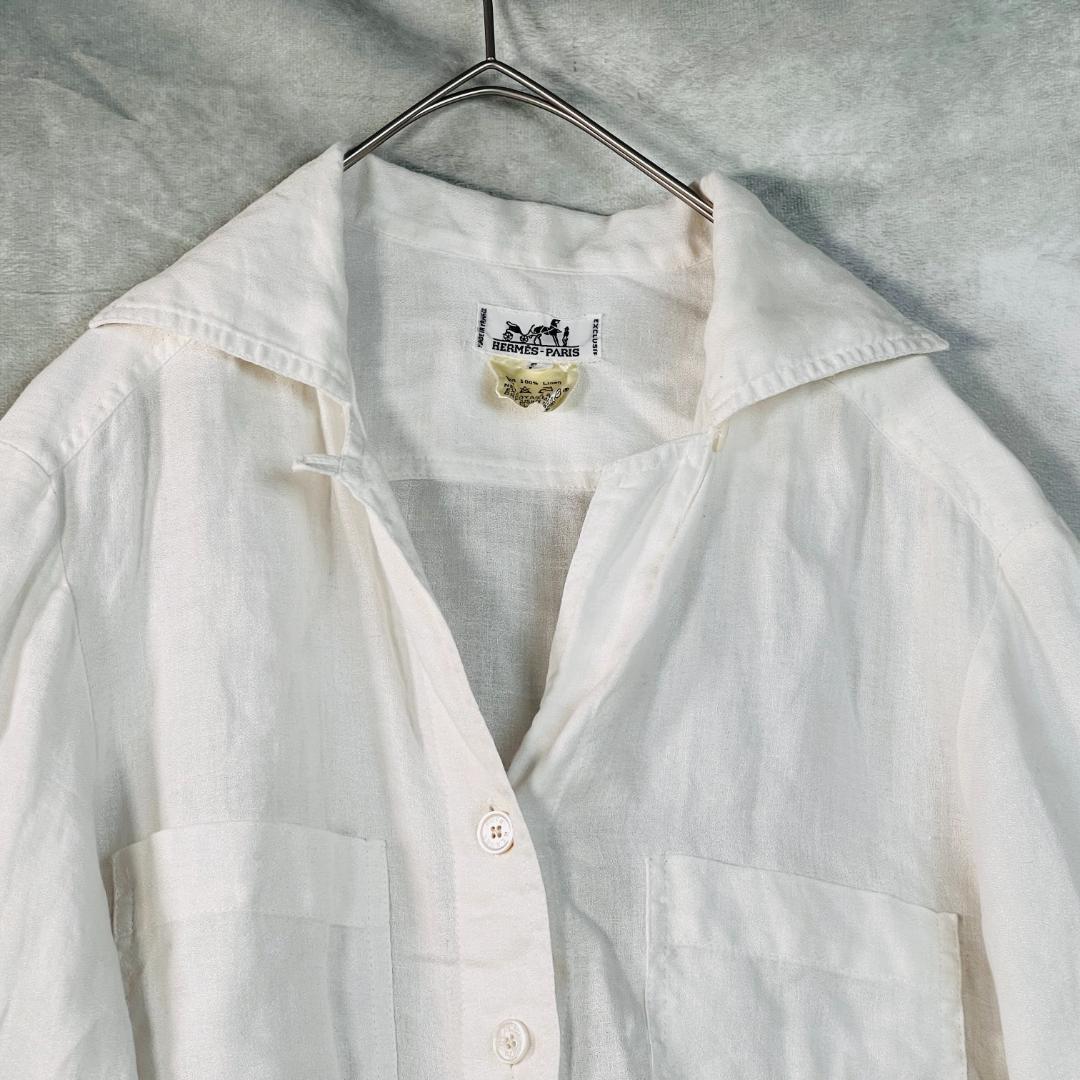 【エルメス】開襟 リネンブラウス 38 M ホワイト 仏製 セリエボタン
