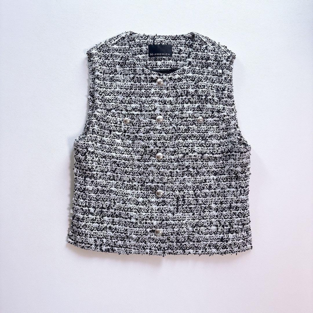M-premier/エムプルミエ ツイードジレ　ツイードベスト　白×黒　36