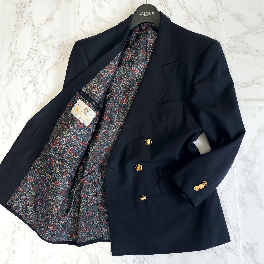 【美品 高級◎】アクアスキュータム 紺ブレ ペイズリー柄 カシミヤ混 英国製 L