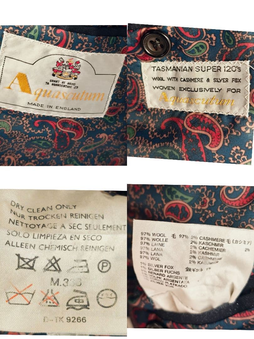 【美品 高級◎】アクアスキュータム 紺ブレ ペイズリー柄 カシミヤ混 英国製 L