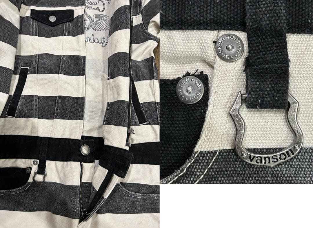 ＊VANSON バック刺繍 囚人 ボーダー つなぎ オールインワン バイカー S