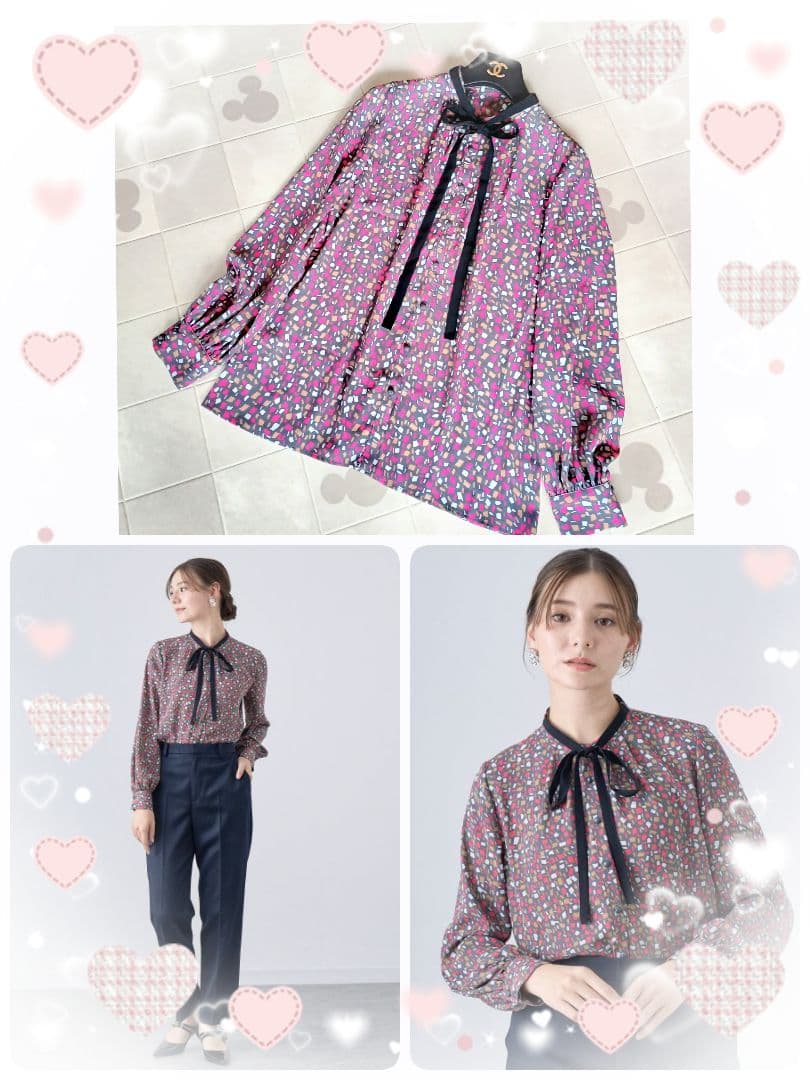 のんこまま♡ANAYI♡イレギュラースクエアプリントタイ付き ブラウス