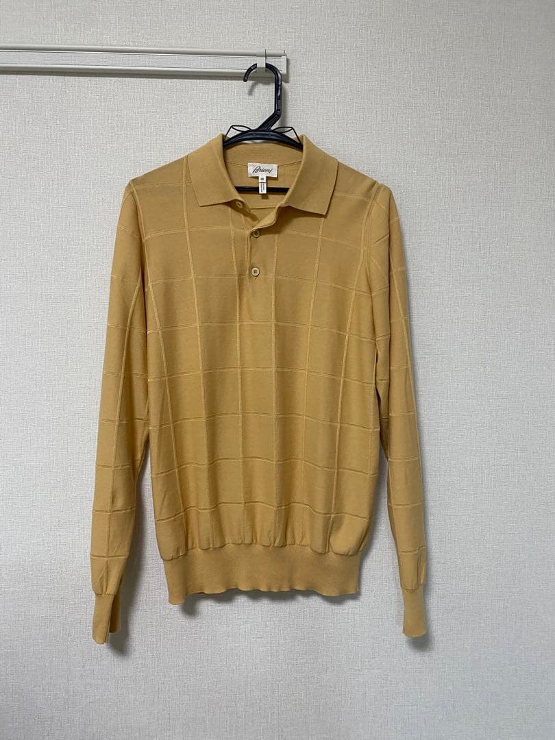 【にこにこセレクト】Brioni ベージュチェック柄 長袖ポロシャツ 48