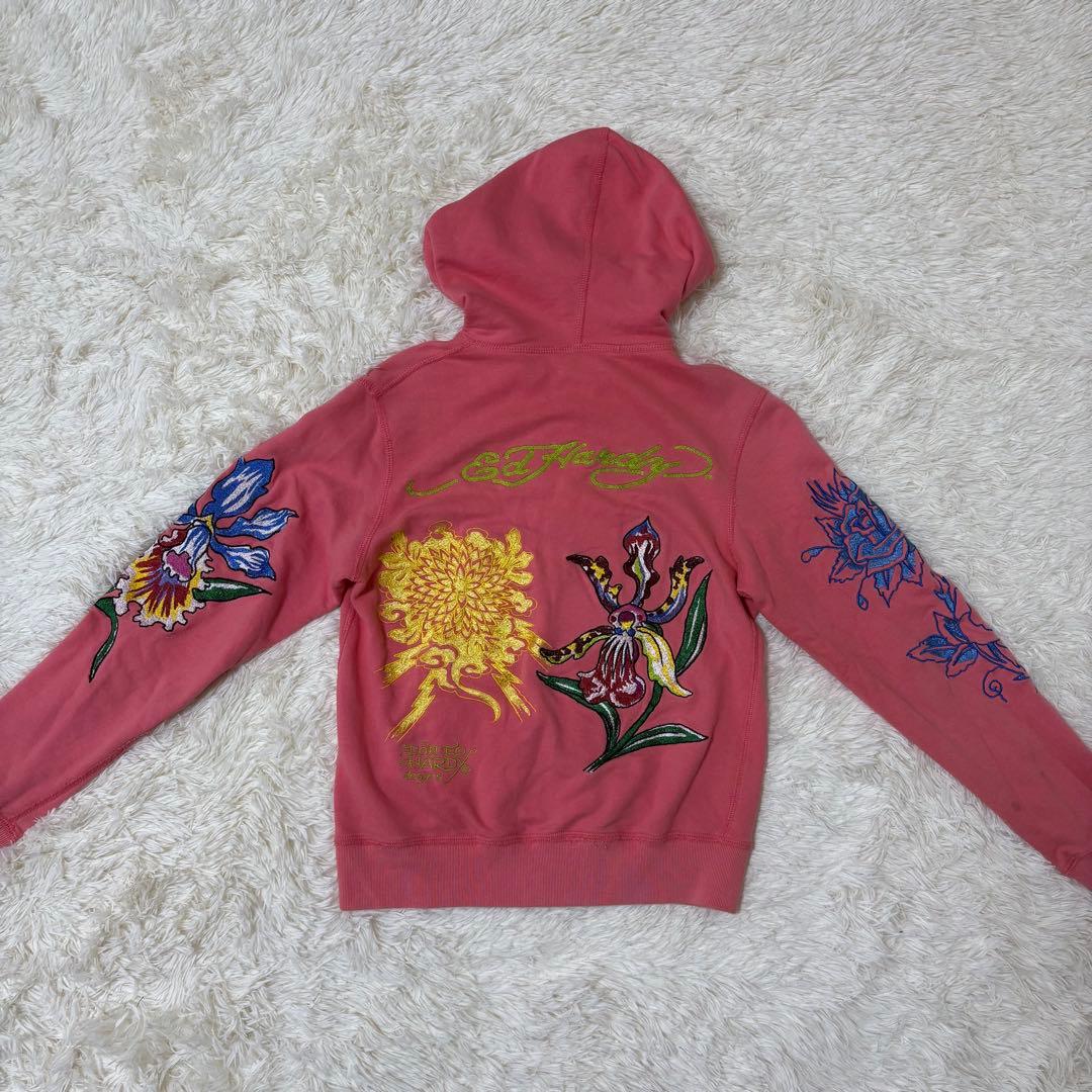 エドハーディ ピンク 刺繍ジップパーカー 花×骸骨 難あり