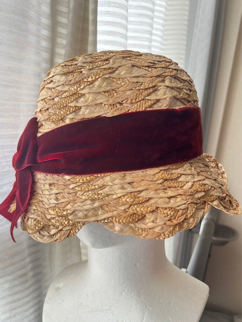 CA4LA 高級麦わら帽子　ストローハット リボン　ベロア　美品