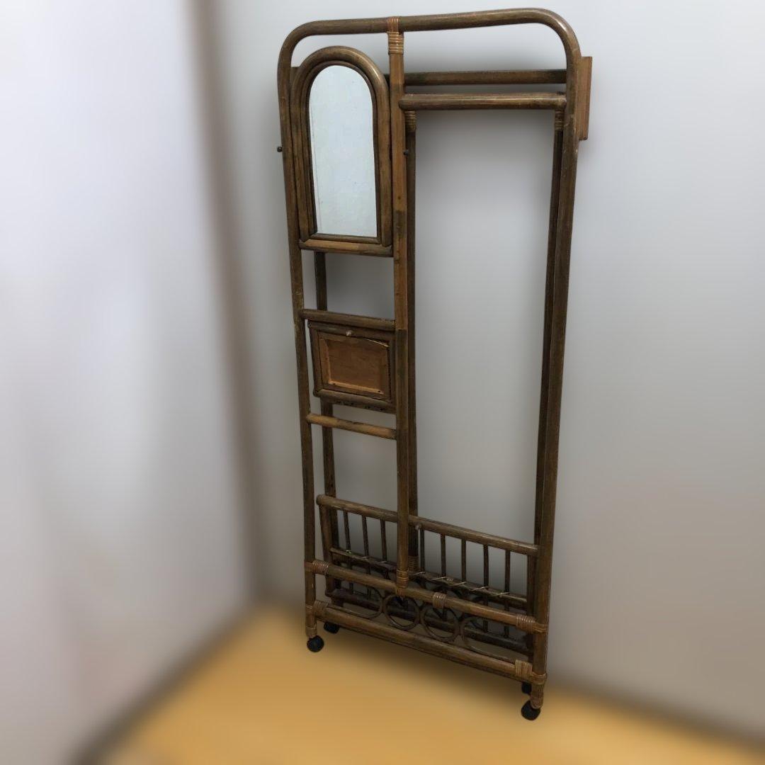 ラタン 籐製 ミラー付き ハンガーラック レトロ ヴィンテージ　260128-1