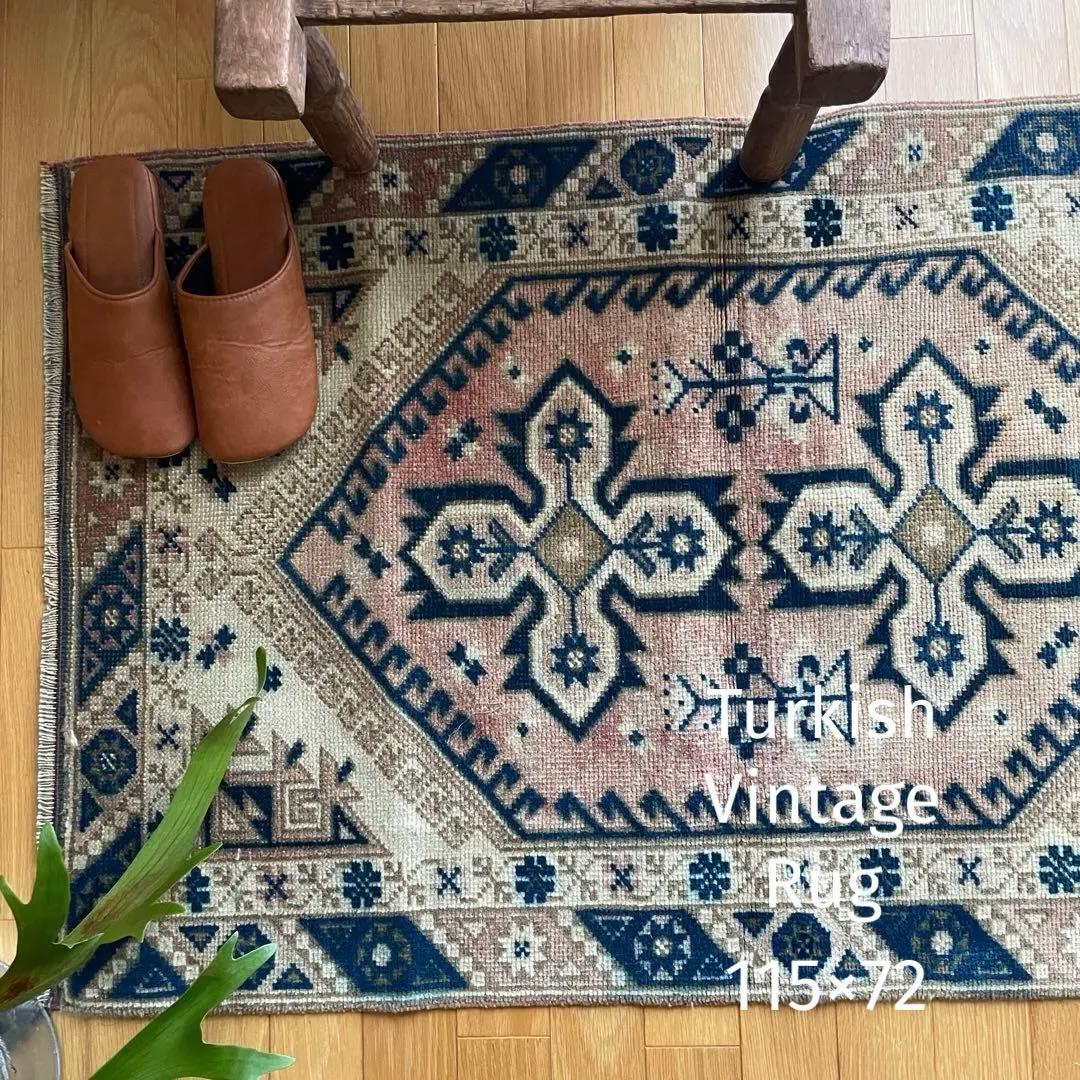 115×72cm ◇トルコヴィンテージラグ　ブラウン615　ブルー　幾何学模様
