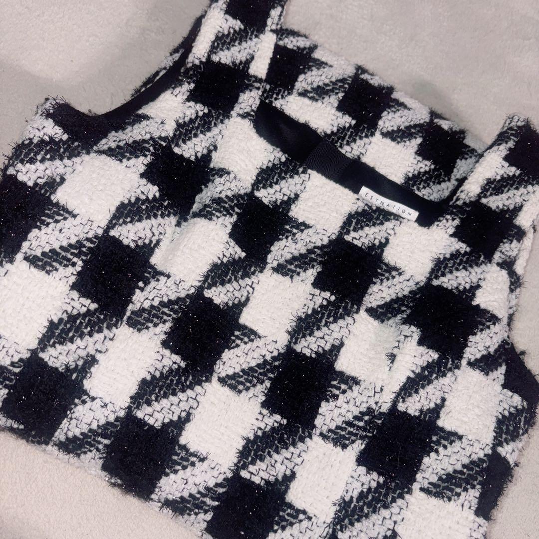 美品✨エストネーション　ツイードスクエアネックワンピース　千鳥柄　ジャンスカ　M