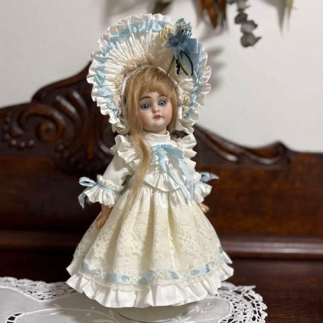 アンティークドール ビスクドール ドレス ボネ ブルー リボン レース