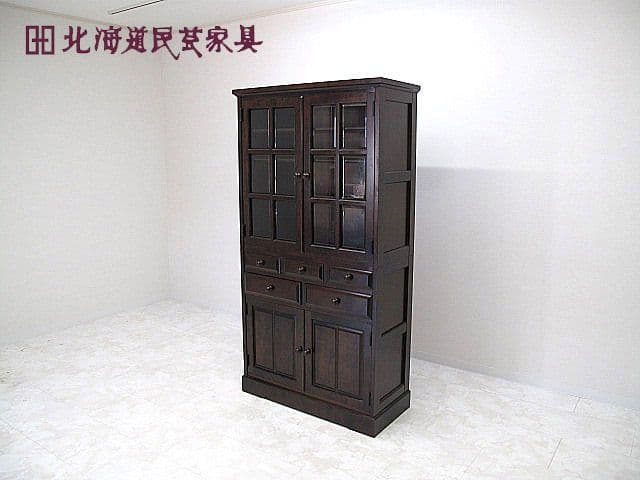 美品 北海道民芸家具 樺無垢材 食器棚 キャビネット 収納家具 カップボード