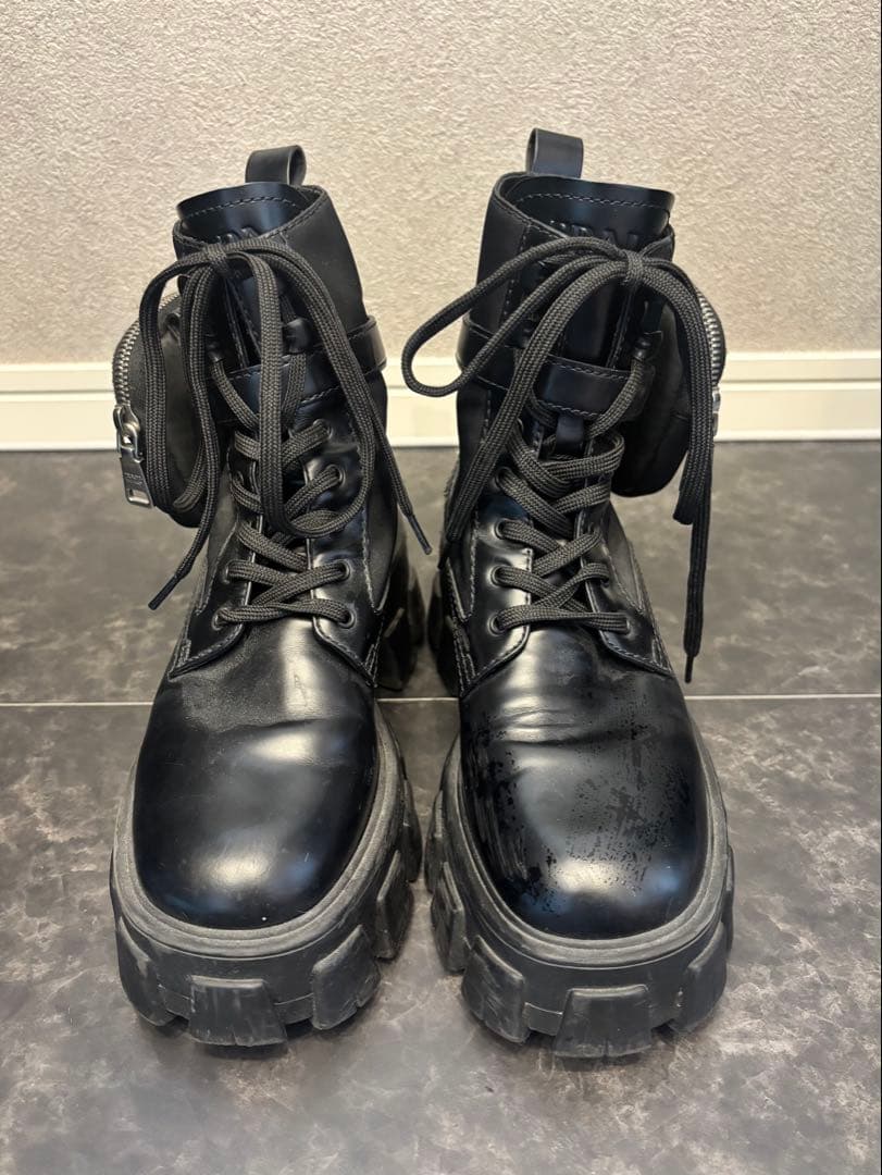 PRADA モノリス ブーツ 22.5 黒 ナイロン×レザー ポーチ付　プラダ