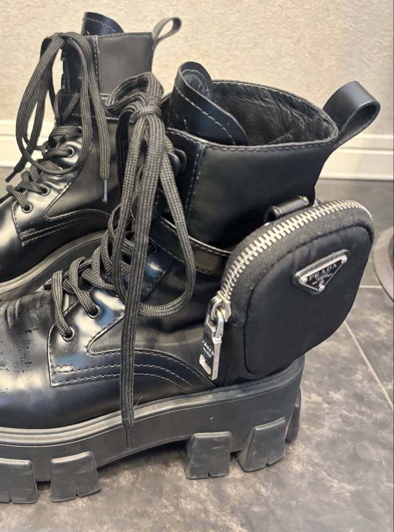 PRADA モノリス ブーツ 22.5 黒 ナイロン×レザー ポーチ付　プラダ