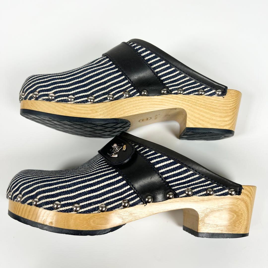 良品CHANEL シャネル サボサンダル ストライプ 36 マリン ネイビー