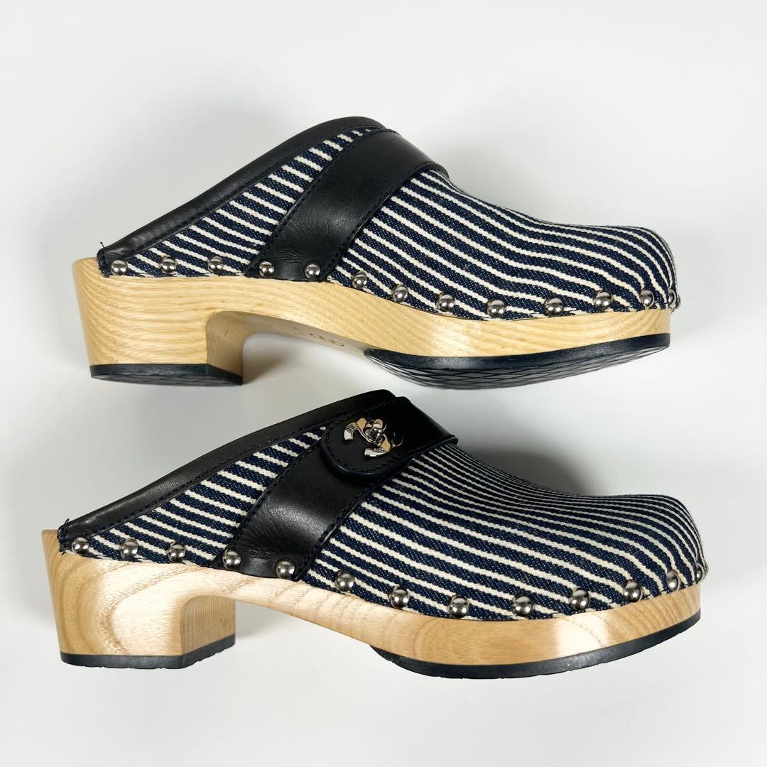 良品CHANEL シャネル サボサンダル ストライプ 36 マリン ネイビー