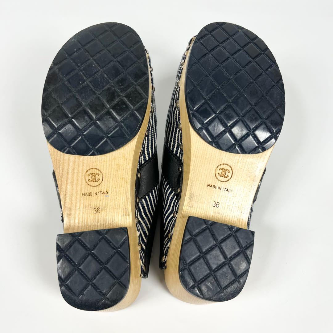 良品CHANEL シャネル サボサンダル ストライプ 36 マリン ネイビー