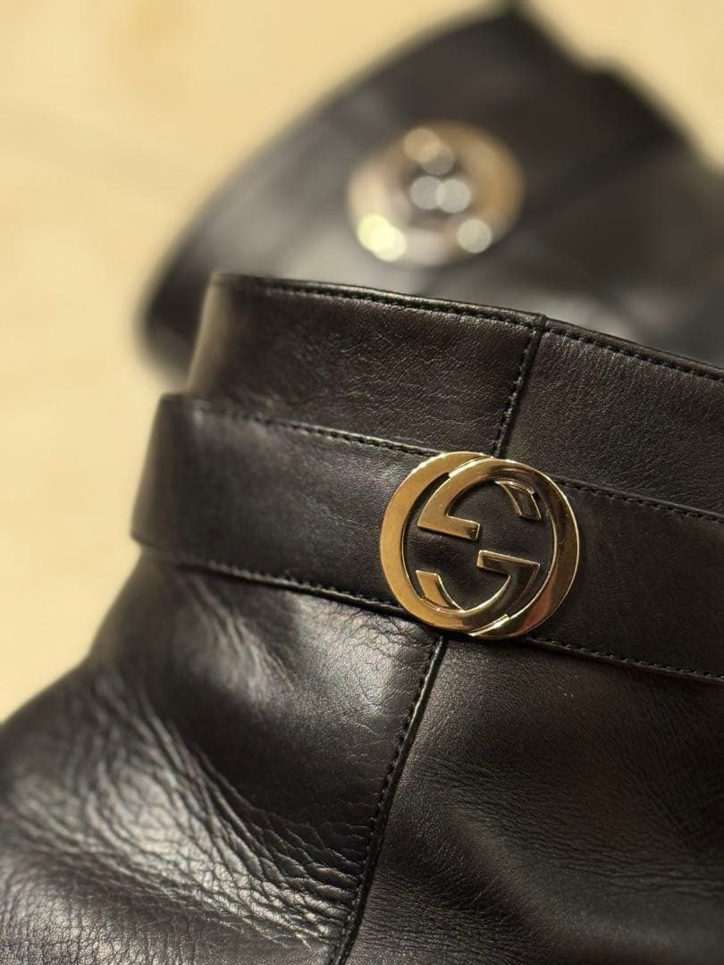 27cm GUCCI グッチ ブラックレザーブーツ メンズ イタリア製