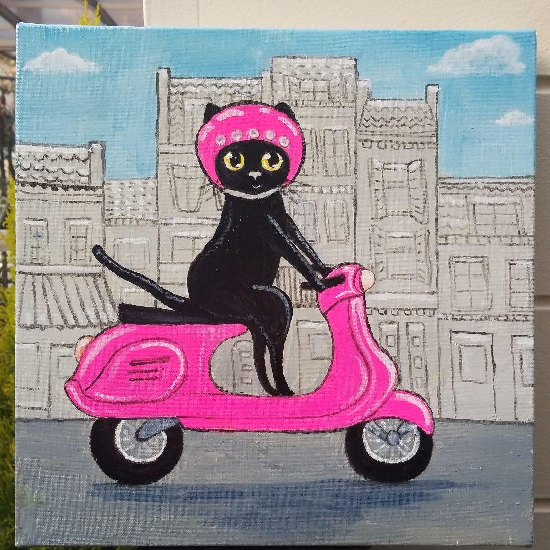 油絵　 専用　スクーターに乗る黒猫
