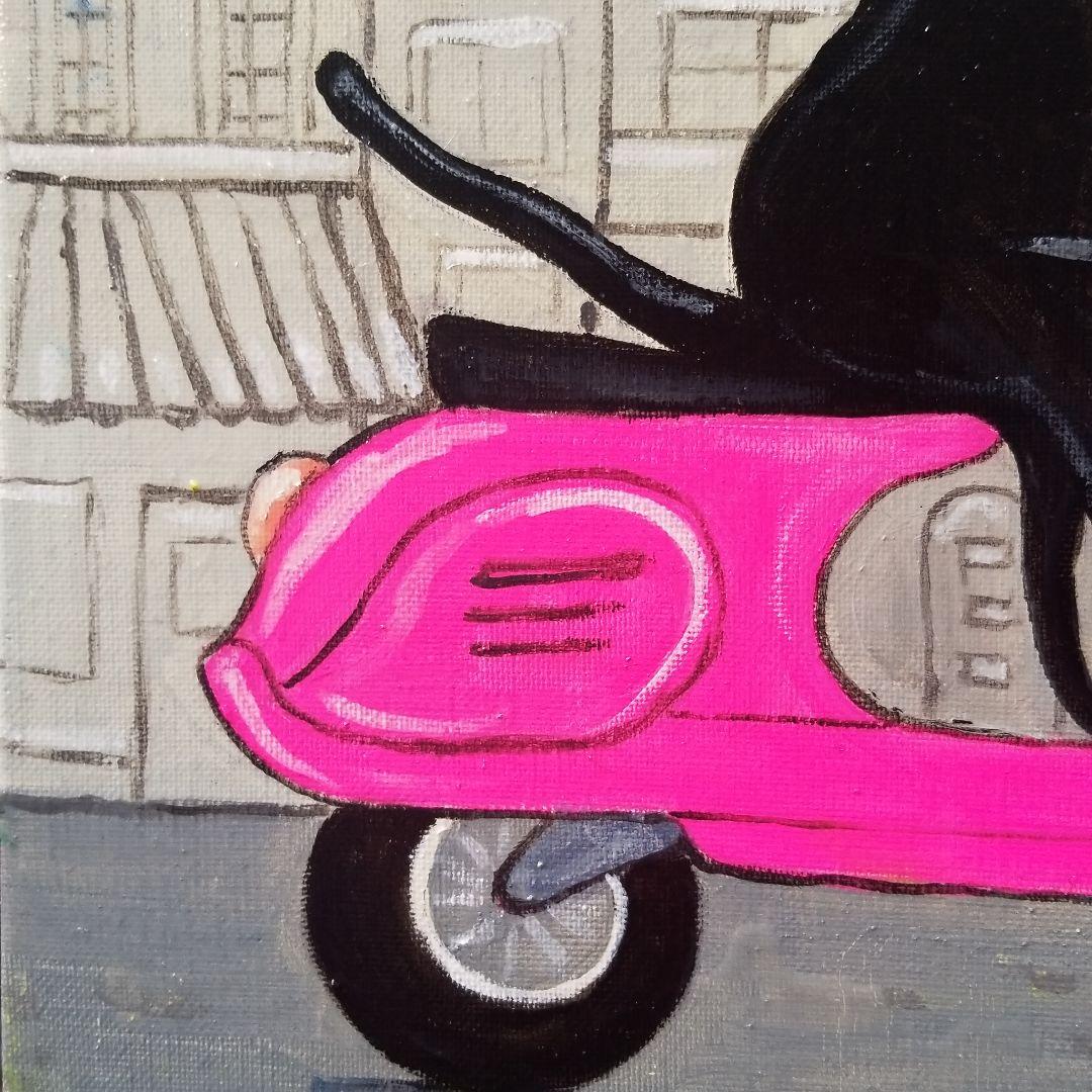 油絵　 専用　スクーターに乗る黒猫