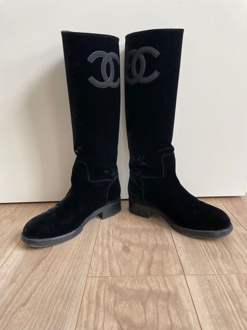 CHANEL ブラック ベルベット ロングブーツ　36