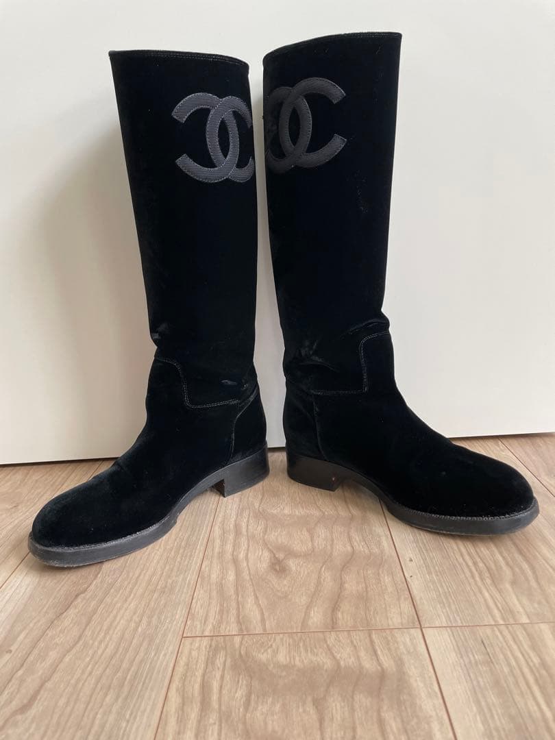 CHANEL ブラック ベルベット ロングブーツ　36