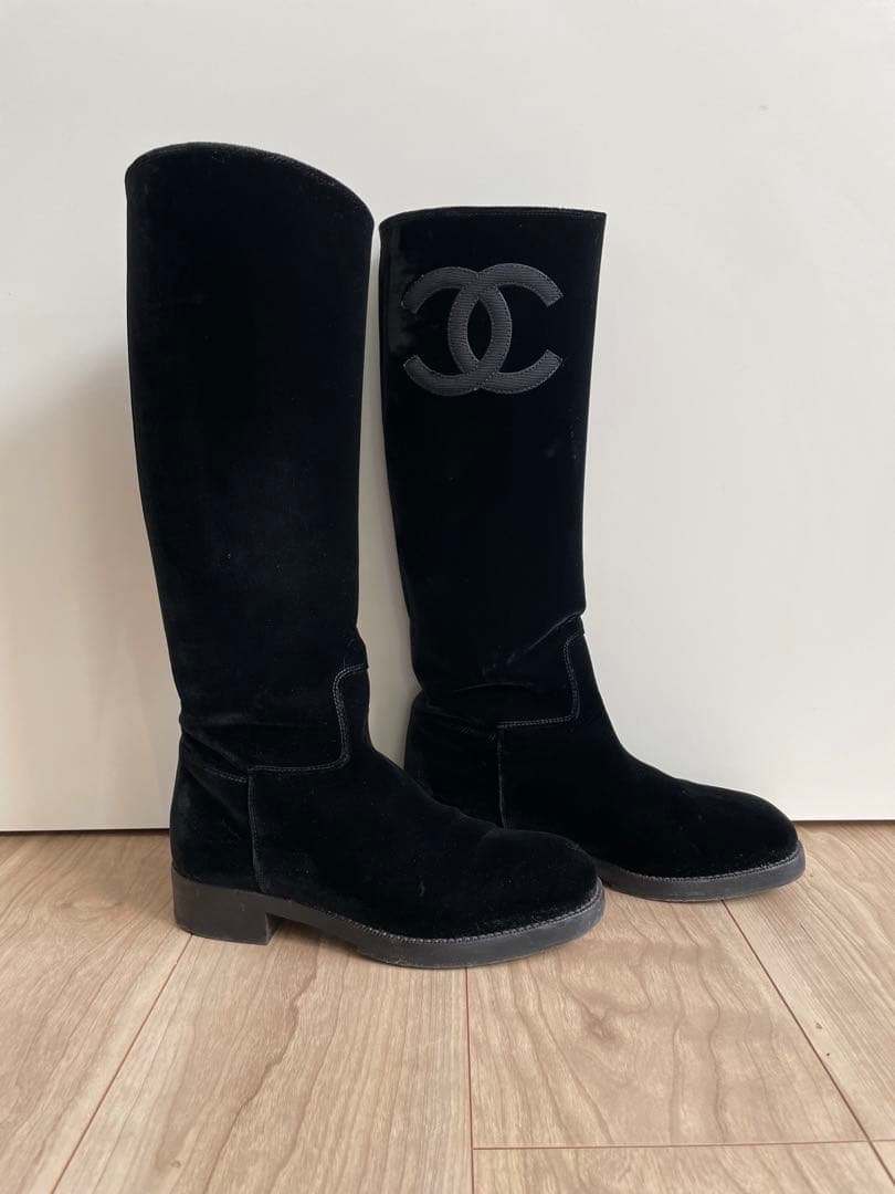 CHANEL ブラック ベルベット ロングブーツ　36