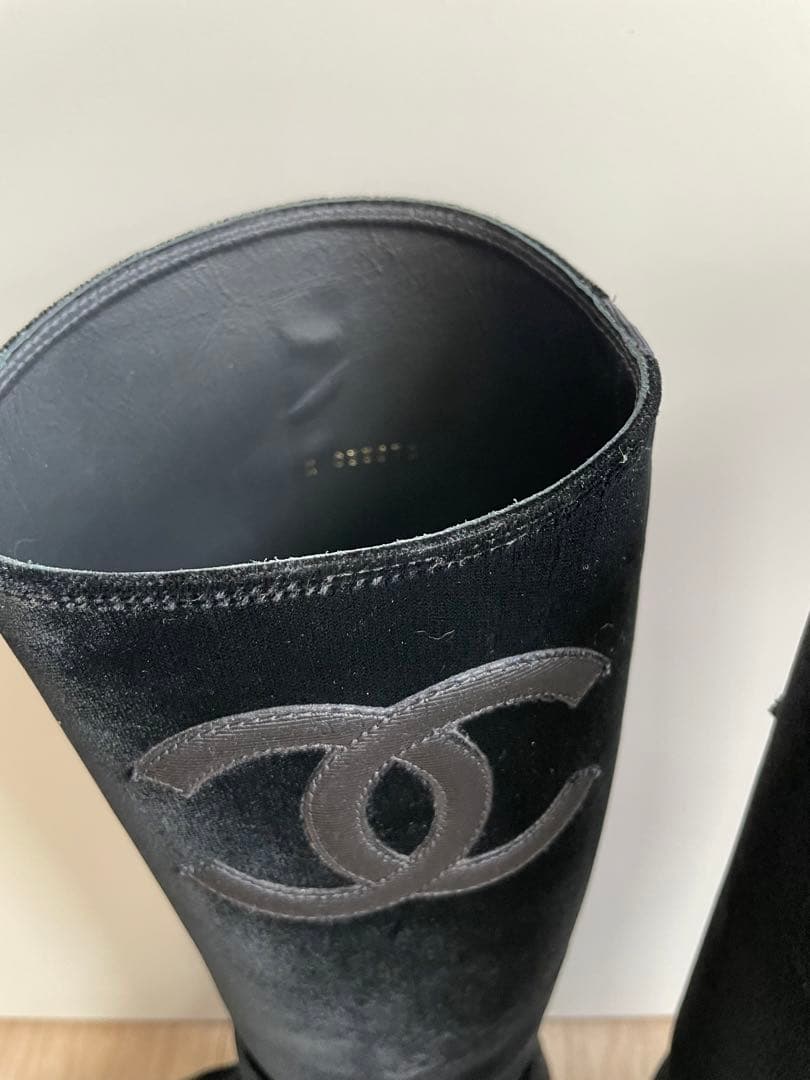 CHANEL ブラック ベルベット ロングブーツ　36