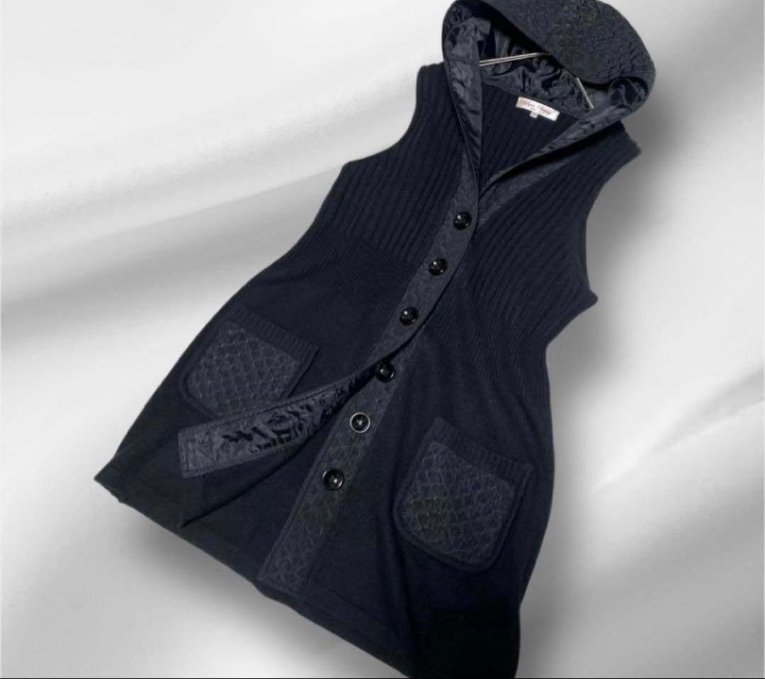 大きいサイズ！super Beauty ニットベスト ロングベスト フード付き