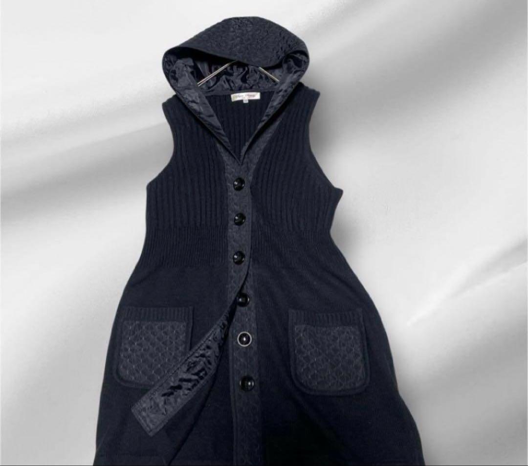 大きいサイズ！super Beauty ニットベスト ロングベスト フード付き