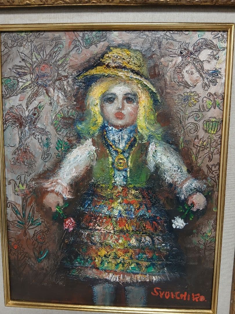 油彩画　人形　F6号『竹中　尚一郞』作者　・額サイズ495×590 ゴールド