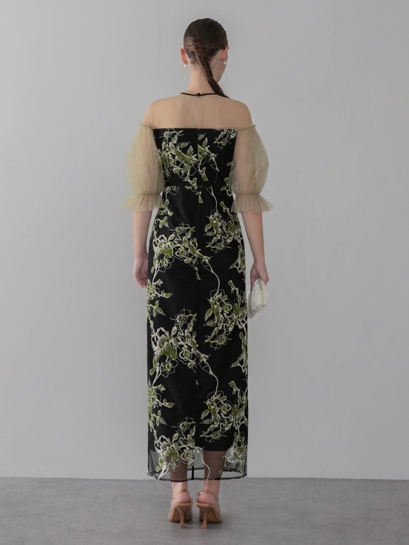 フラワーリリーフマテリアルボリュームスリーブIラインワンピースドレス結婚式二次会