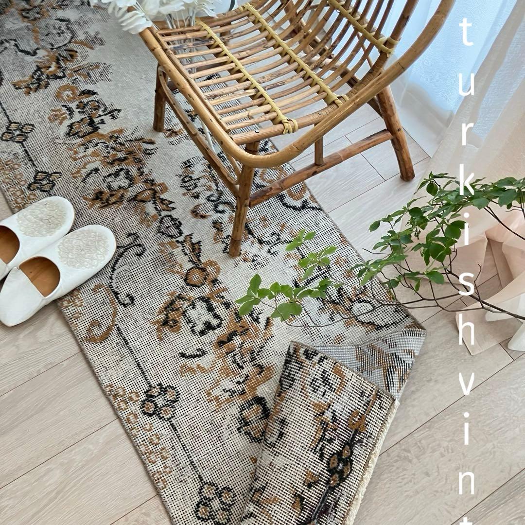 ライトグレー54×199ブラック　キャラメル　ランナー　トルコヴィンテージラグ