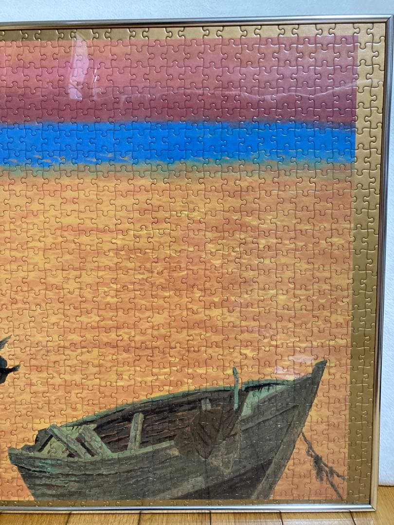 千P⑫夕日にボートと鳥　ジグソーパズル　金属額　長良川の鵜飼？夕暮れに飛ぶ鵜かね