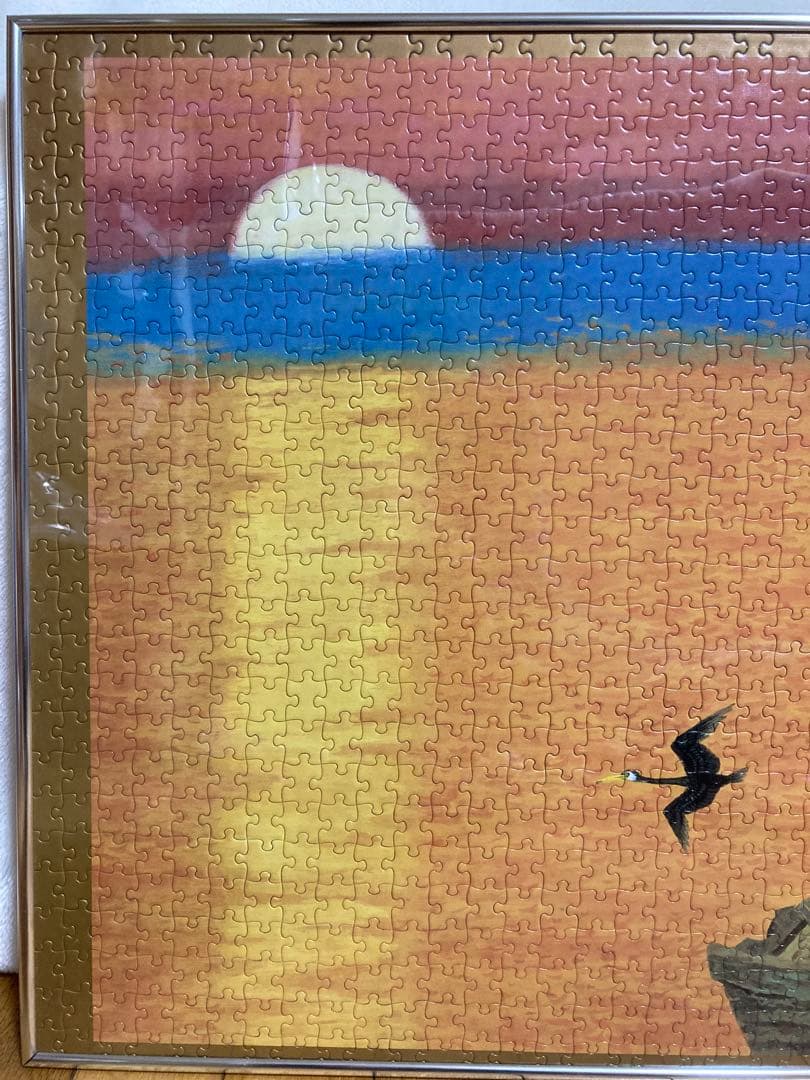千P⑫夕日にボートと鳥　ジグソーパズル　金属額　長良川の鵜飼？夕暮れに飛ぶ鵜かね