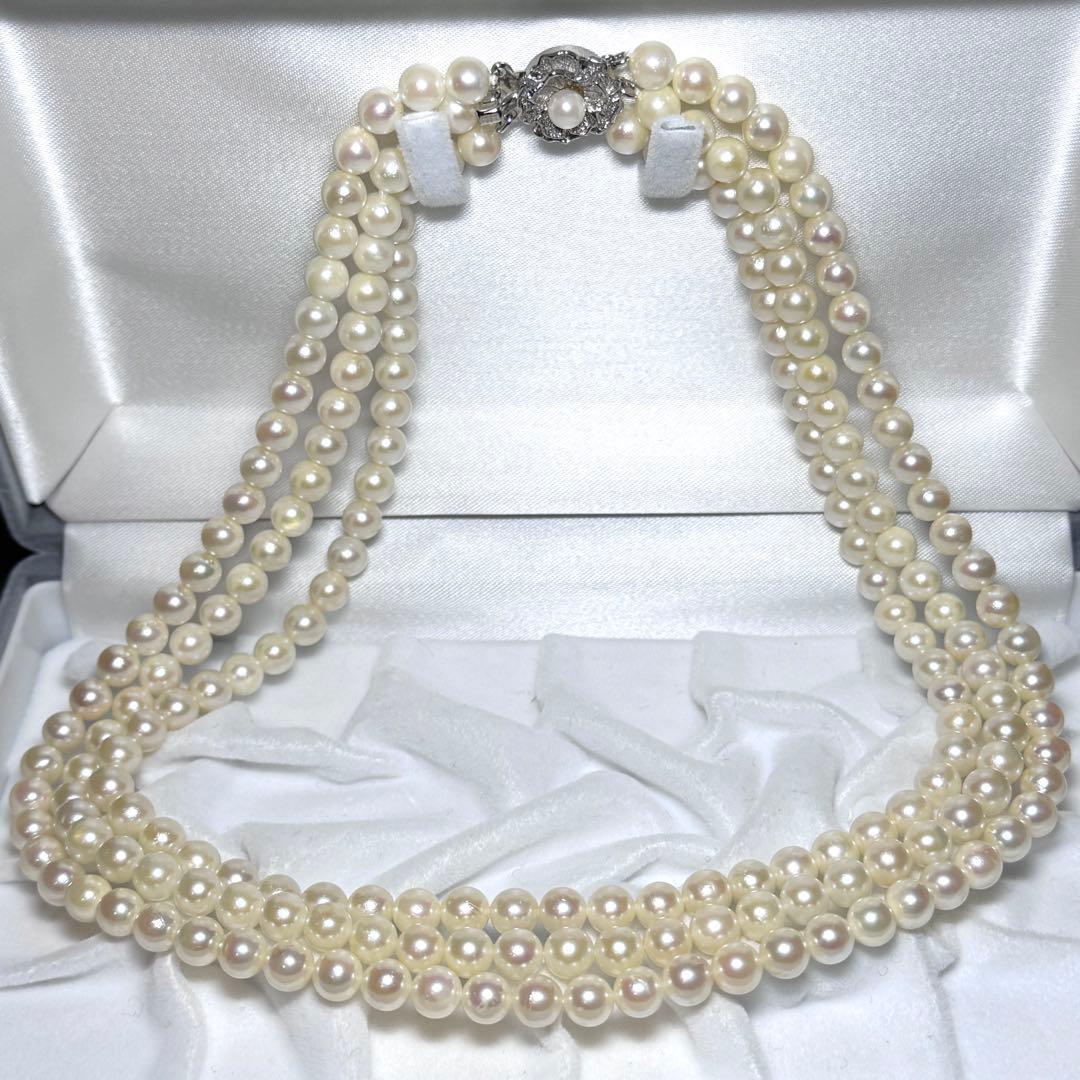 希少✨3連 アコヤ真珠 約6.0-6.5mm パールネックレス シルバー金具