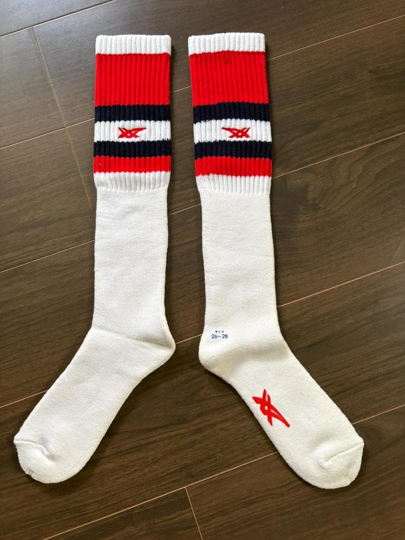 【新品】アシックス　ハイソックス　赤/紺ライン(26～28cm)開封済