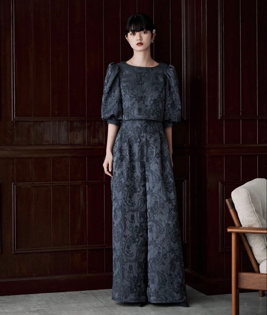 ジャガードクロップブラウス＆タックワイドパンツセットアップ