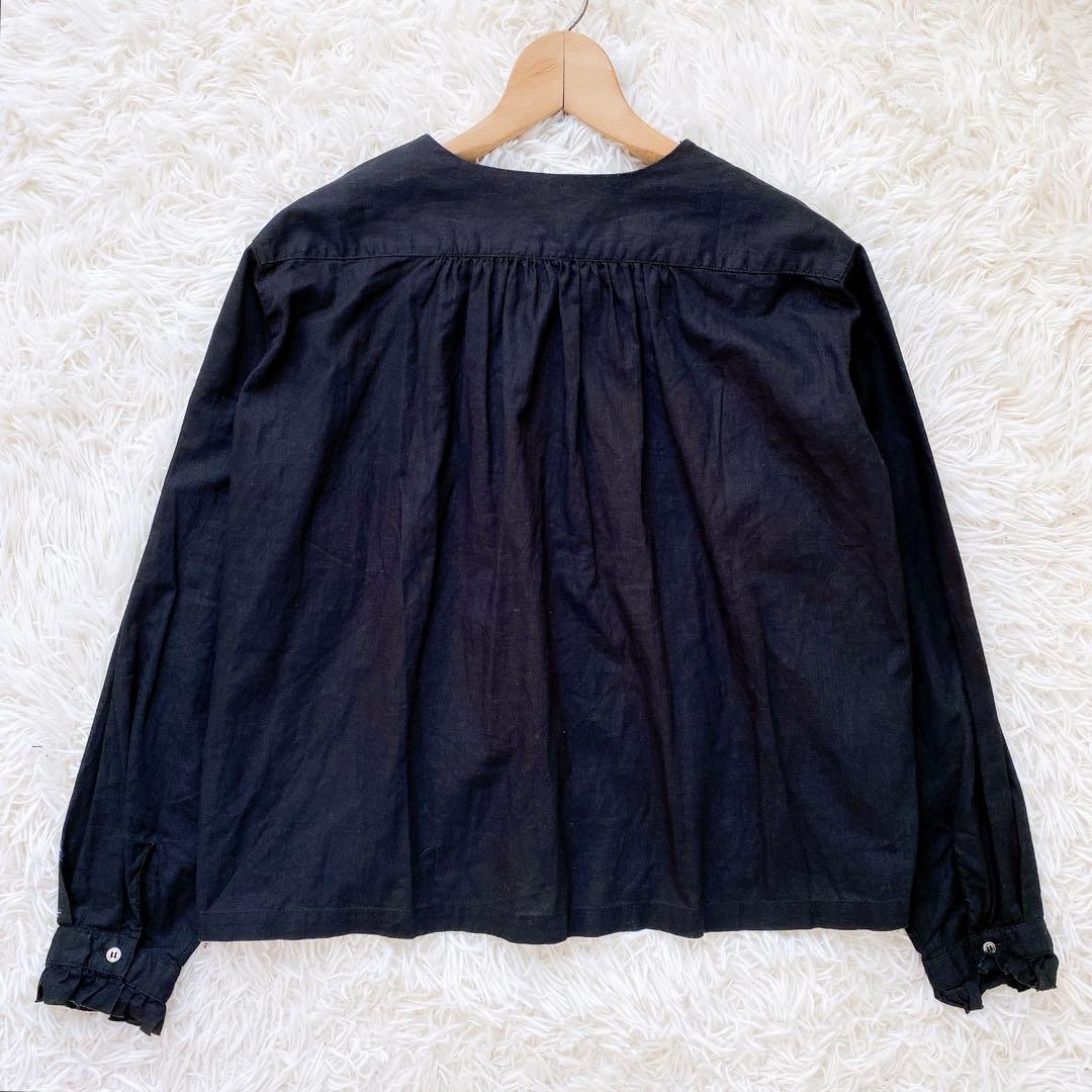 【美品】kagure かぐれ　コットンリネンワッシャーフリルブラウス　ノーカラー