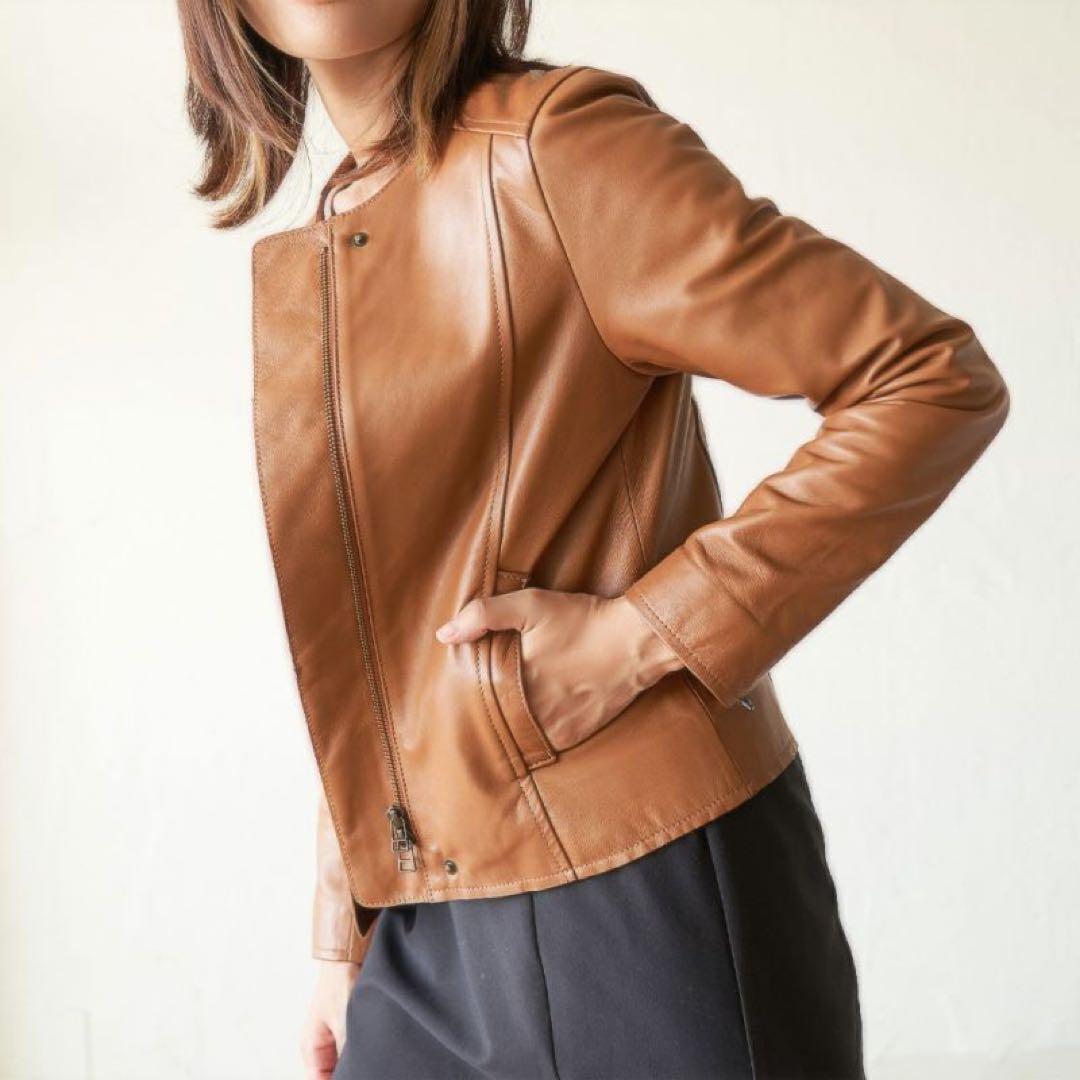 専用★もりのがっこう　ラムレザーノーカラージャケットブルゾン　キャメル