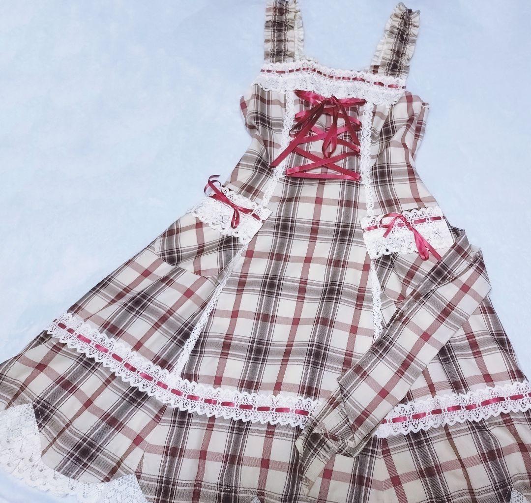 裾スカラップタータンチェックジャンパースカート 生成×エンジ