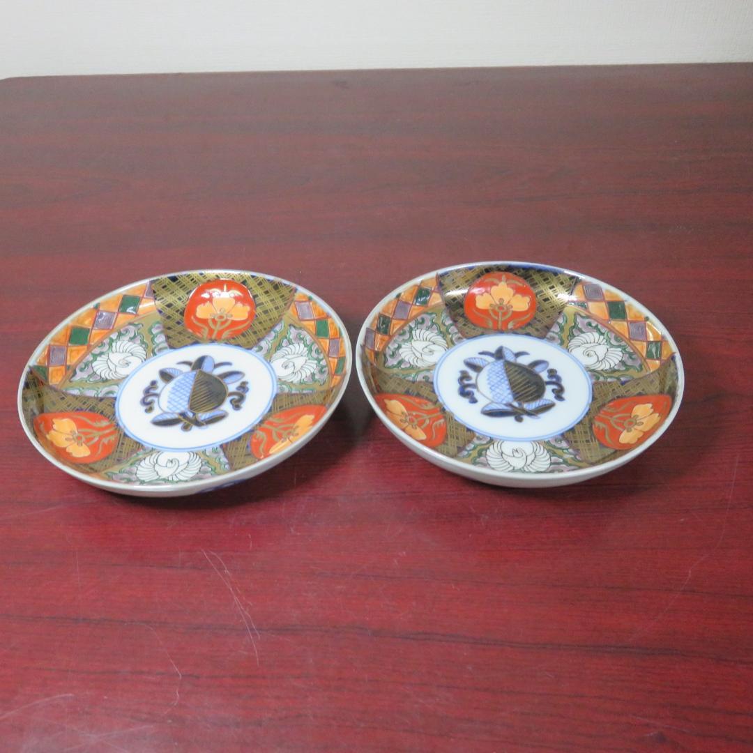 中皿 2枚 金彩 色絵付 花文様 宝文様 角富