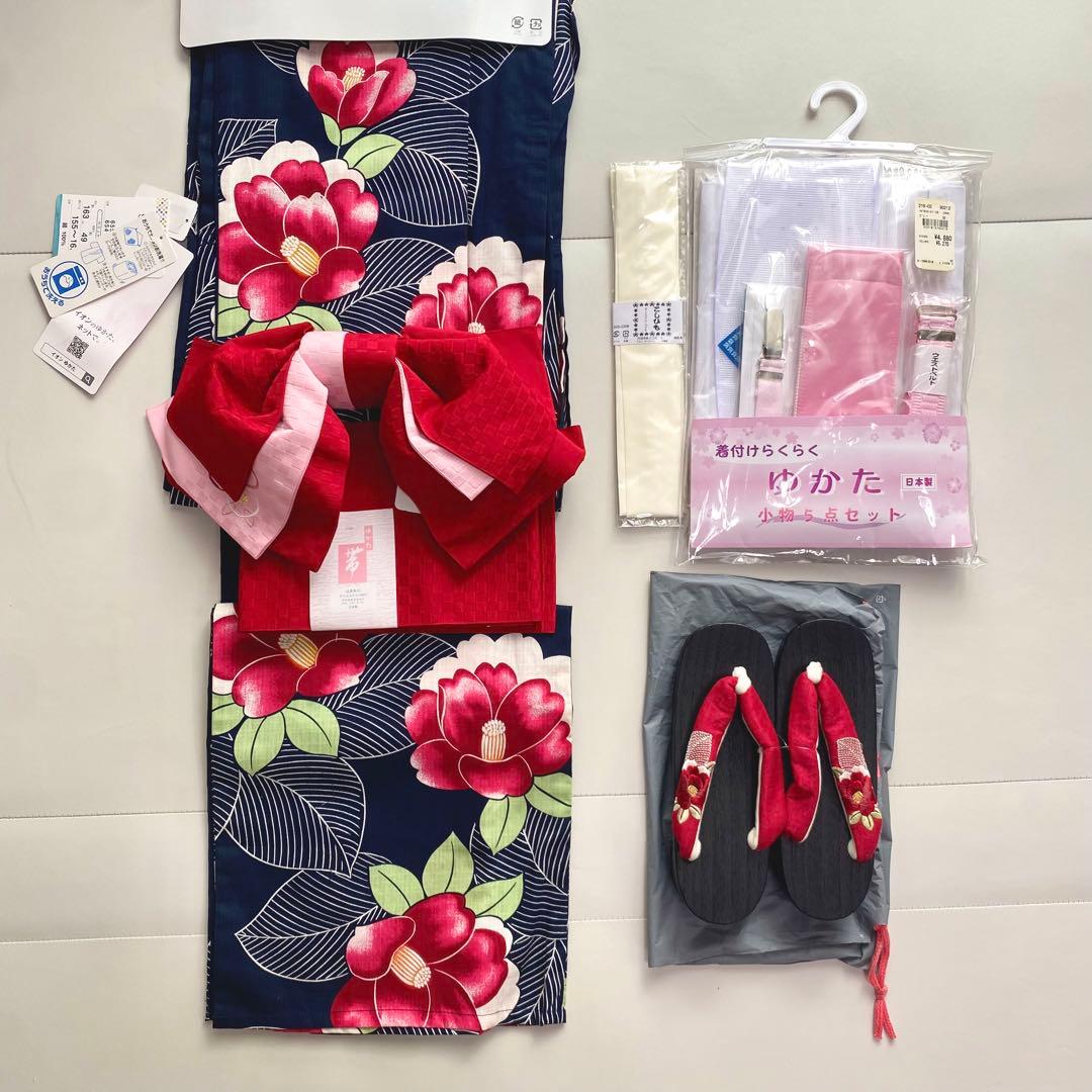 〈新品〉ネイビー花柄浴衣・帯・下駄セット　着付けセット付き
