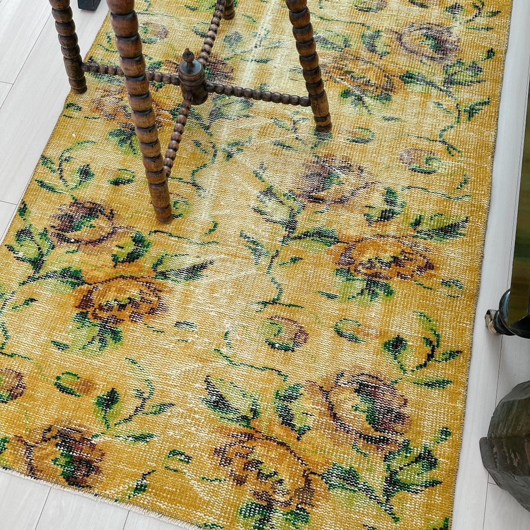 トルコヴィンテージラグ A77 レア イエロー グリーン オーバーダイラグ