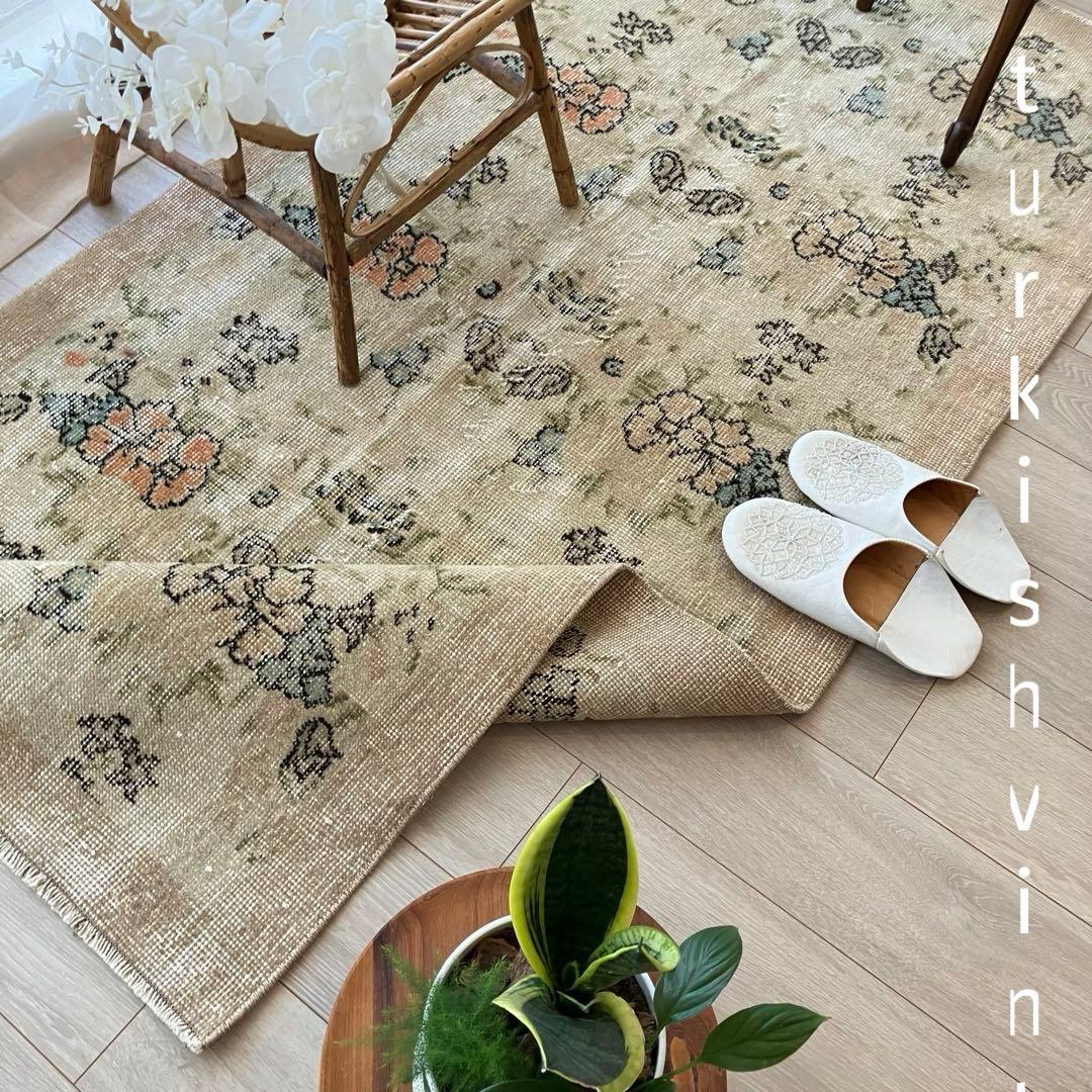 コーラル✳︎93×192カフェラテ／スカイブルー　フラワー　トルコヴィンテージラグ