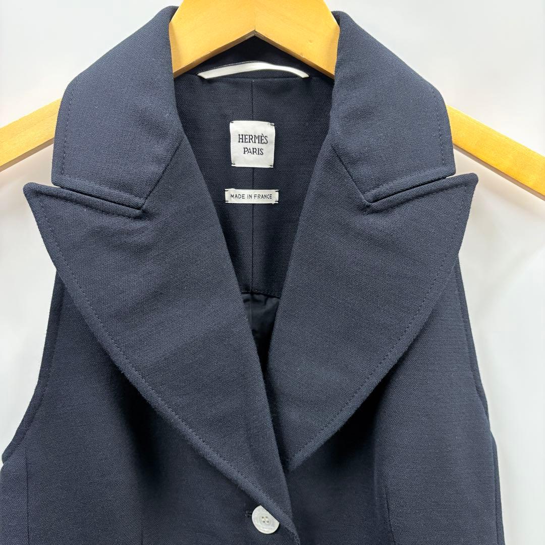 【N30】真贋済　HERMES エルメス　ジレ　ロングベスト　ネイビー　ウール