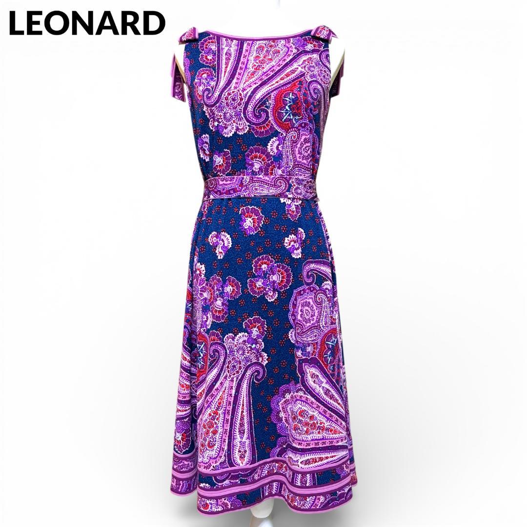 【美品】レオナール　LEONARD　ノースリーブ　リボンワンピース　ペイズリー柄
