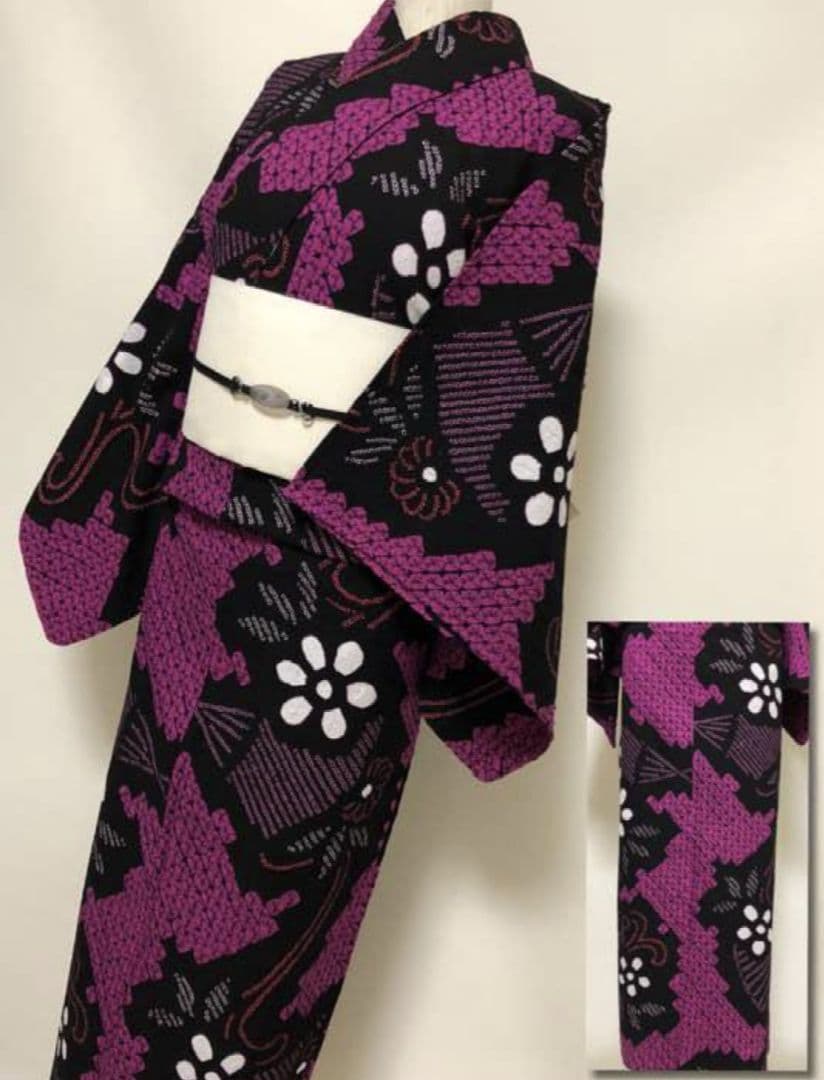 ☆有松絞り浴衣☆美品【有松絞り☆夏用】赤紫色×ブラック×ホワイト　ゆったり