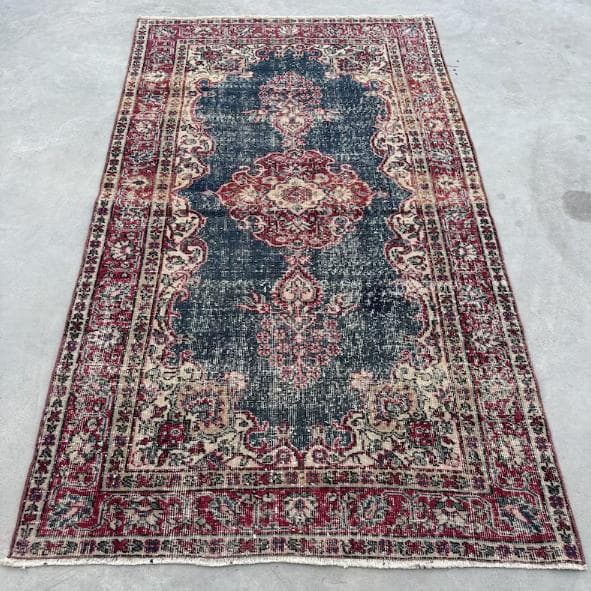 【訳アリ】トルコ ヴィンテージラグ A102 レア インディゴブルー レッド