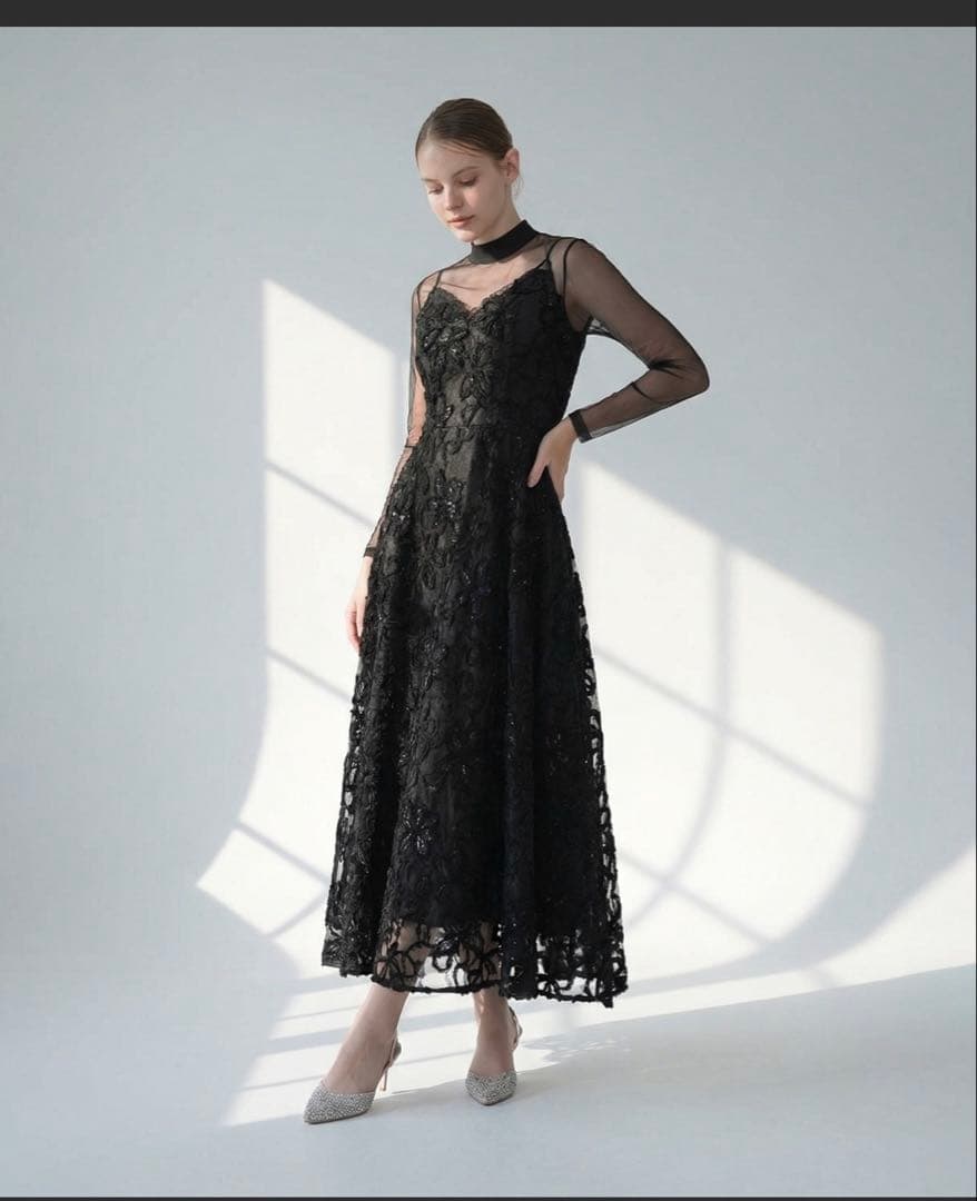 Leja レース装飾 ブラックパーティードレス